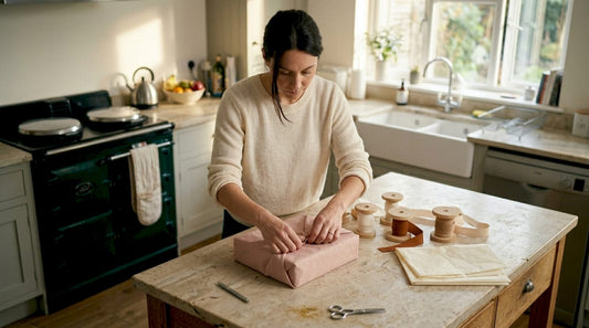 Woman wrapping luxury gift with fabric in kitchen