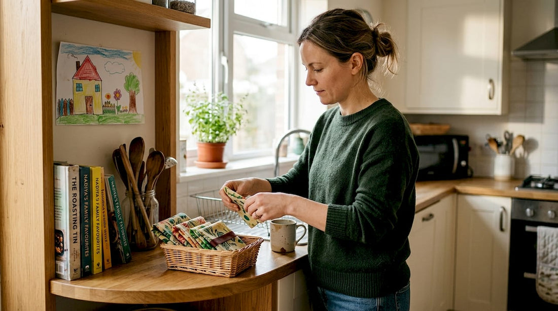 Woman folding reusable wraps by kitchen shelf