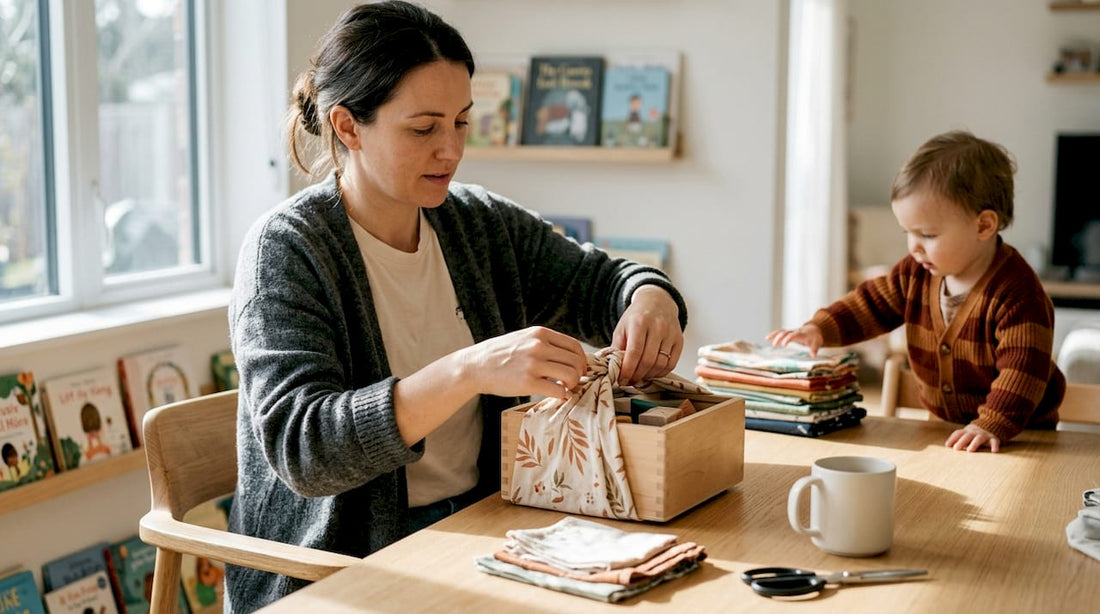 Parent wrapping gift with reusable fabric in living room