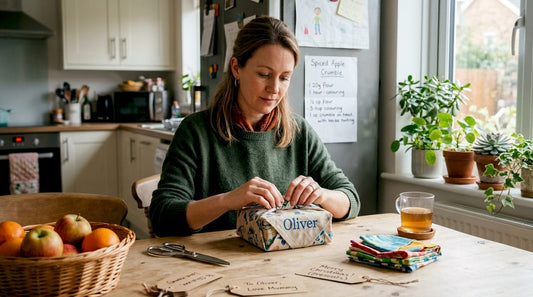 Woman wraps gift with personalised eco-friendly fabric