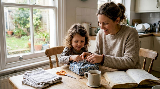 Mother and child wrapping gift with fabric