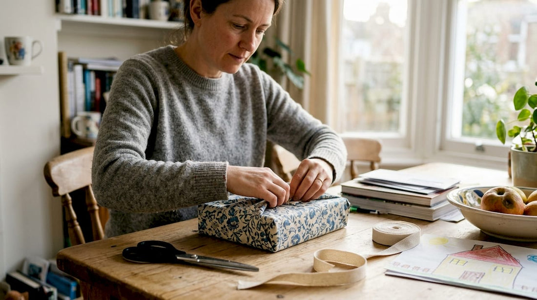 Woman wrapping gift in fabric at kitchen table