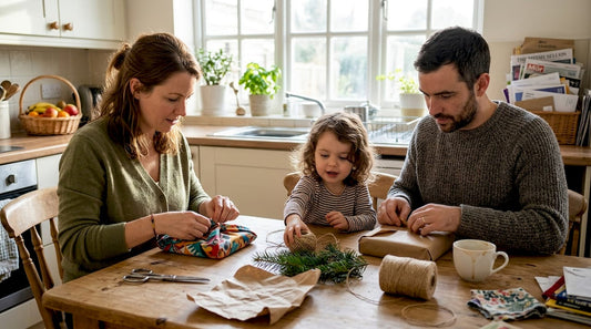 Family wrapping gifts with eco materials