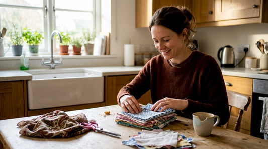 Choosing sustainable fabric gift wrap at kitchen table