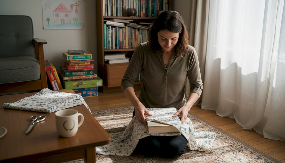 Woman wrapping book in fabric at home