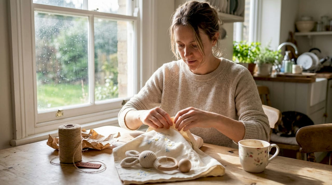 Woman wrapping baby gift with fabric