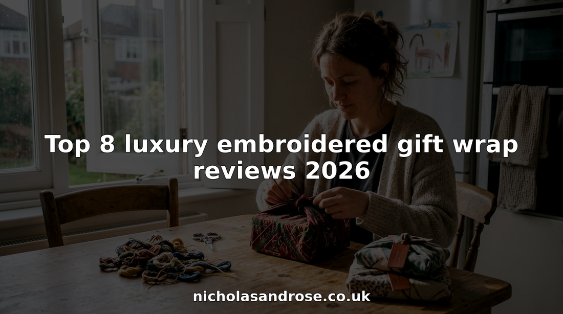 Woman wrapping gift in luxury embroidered fabric at kitchen table