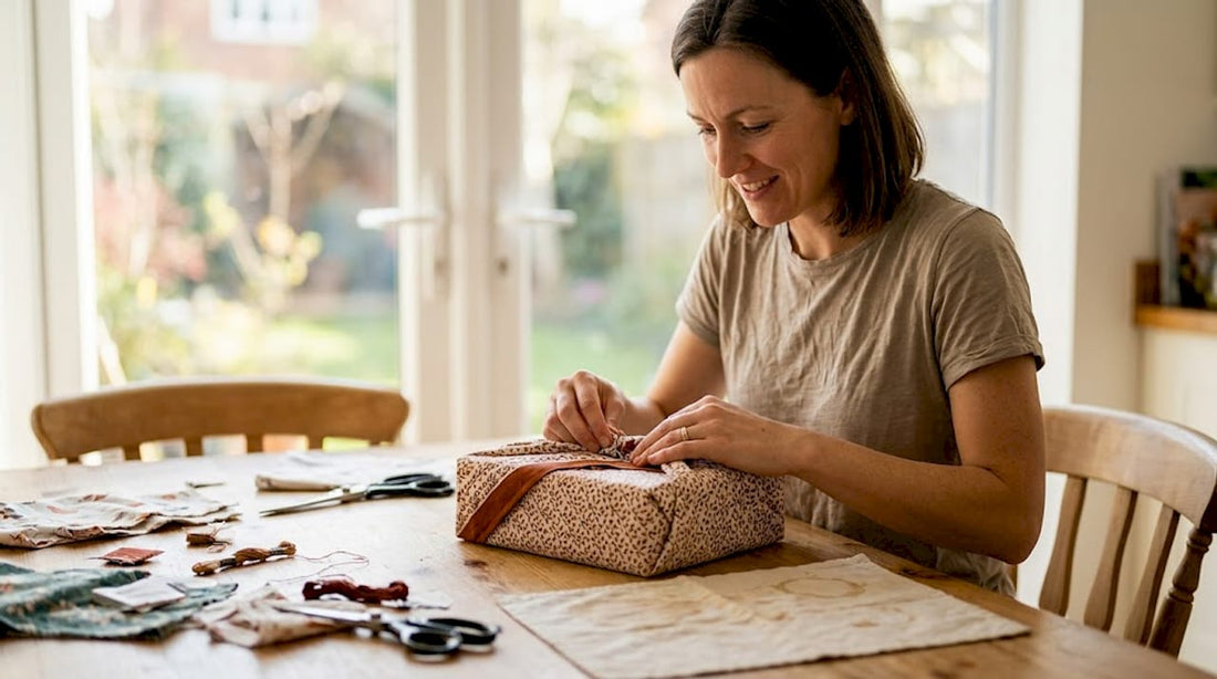Woman wrapping gift with textile at kitchen table