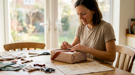 Woman wrapping gift with textile at kitchen table