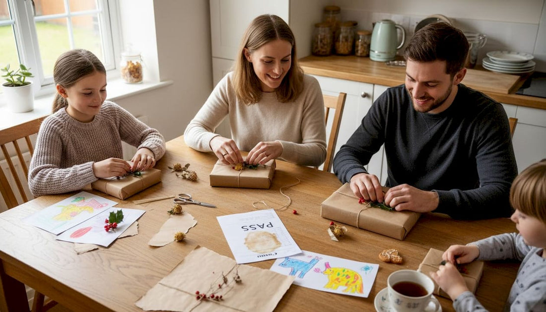 Family wrapping gifts with eco materials at kitchen table