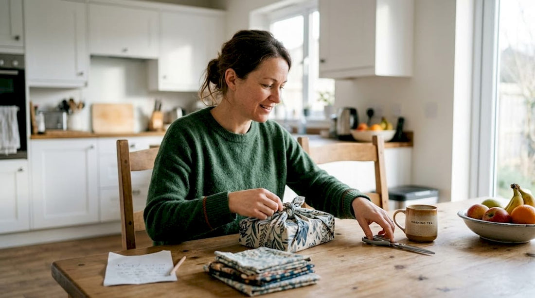 Woman wrapping gift with reusable fabric