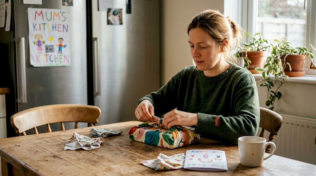 Woman gift wrapping with eco-friendly fabric in kitchen