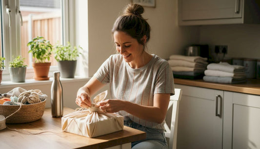 UK parent wrapping baby gift with fabric