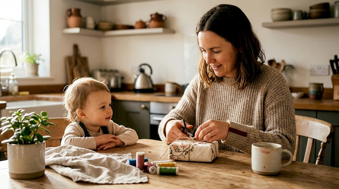 Woman wrapping gift with embroidered fabric