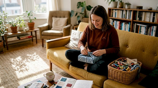 Woman wrapping gift with embroidered fabric