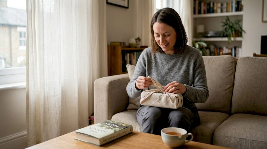Woman unwrapping personalised luxury gift at home