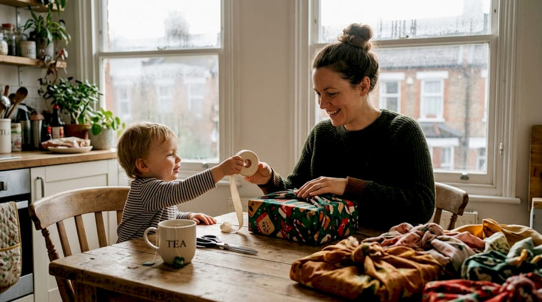 Parent and child wrapping Christmas gift sustainably