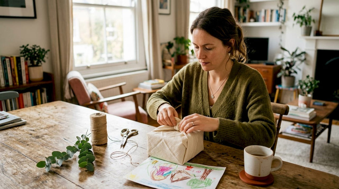 Woman wrapping gift in natural fabric at home