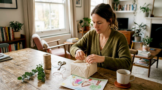 Woman wrapping gift in natural fabric at home