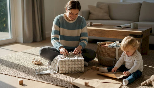 Parent wraps gift with reusable fabric at home