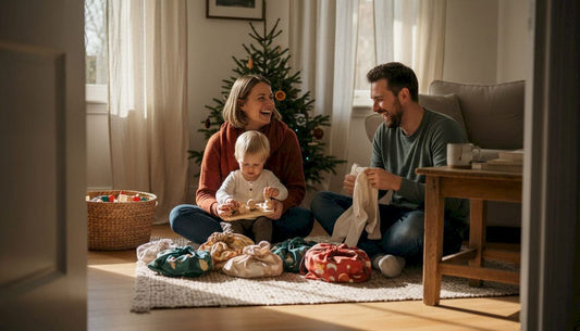 Family opening sustainable Christmas gifts at home