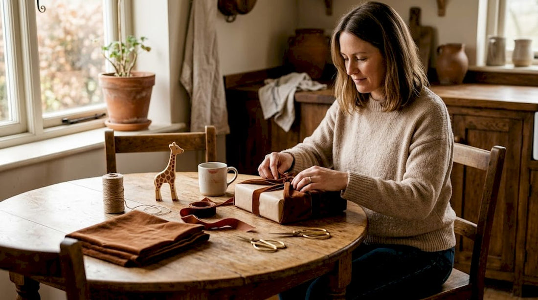 Mother wrapping velvet fabric around gift box