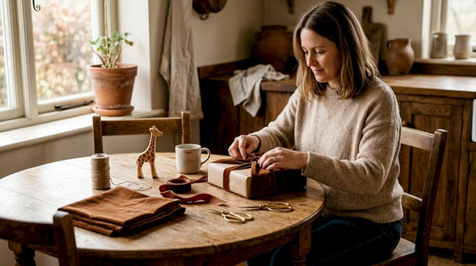 Mother wrapping velvet fabric around gift box