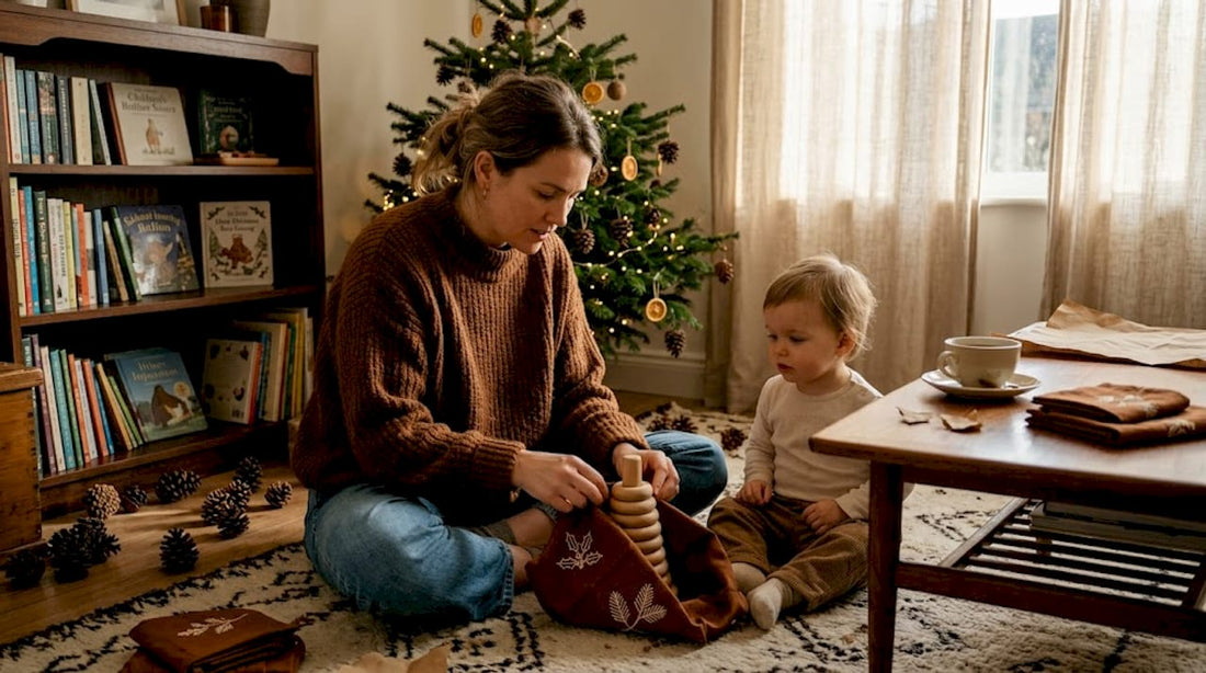Mother wrapping eco-friendly Christmas gift
