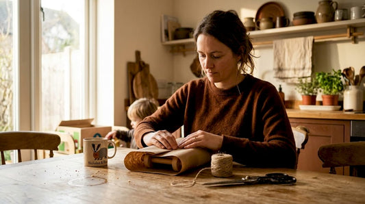 Parent wrapping eco-friendly gift at kitchen table