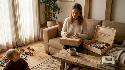 Woman wrapping sustainable holiday gift at home