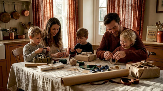 Family wrapping gifts with eco materials