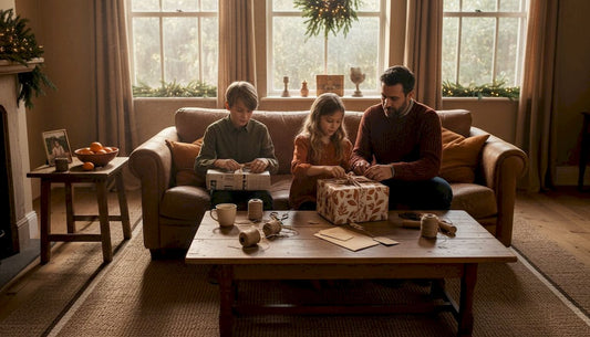 Family wrapping gifts with reusable materials