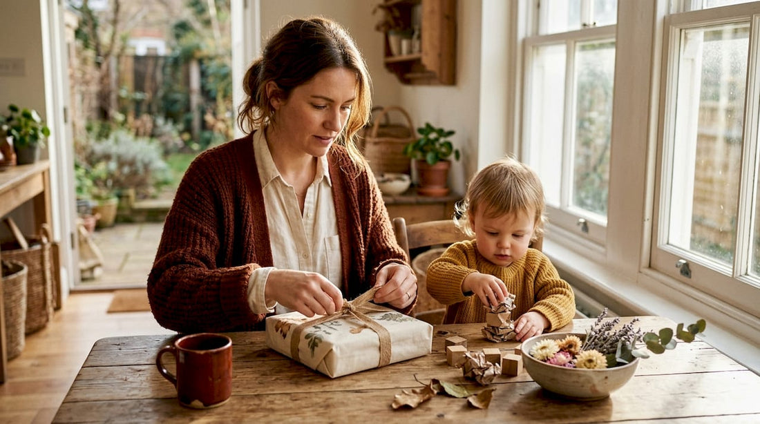 Woman wrapping gift with eco fabric