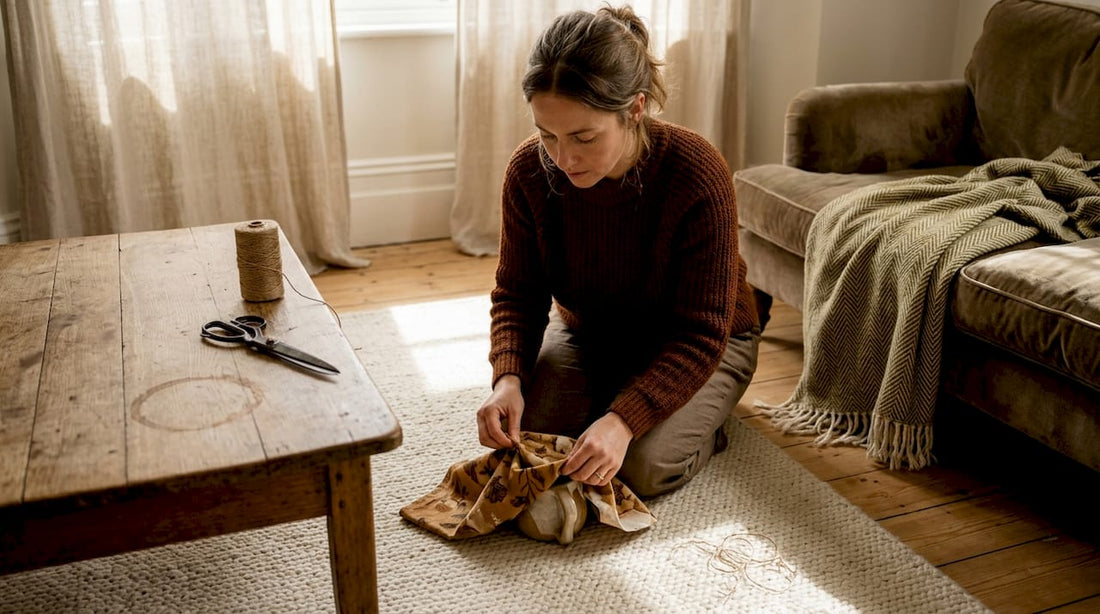 Woman wrapping gift in fabric in bright living room