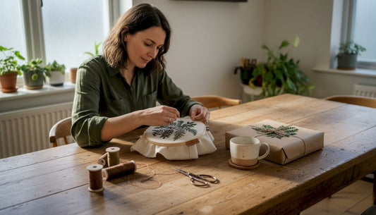 Woman embroidering eco-friendly Christmas gift wrap