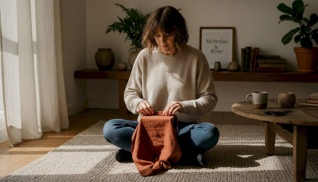 Woman hand-wrapping gift with linen fabric