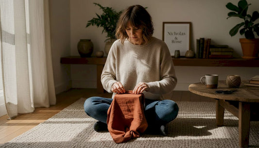 Woman hand-wrapping gift with linen fabric