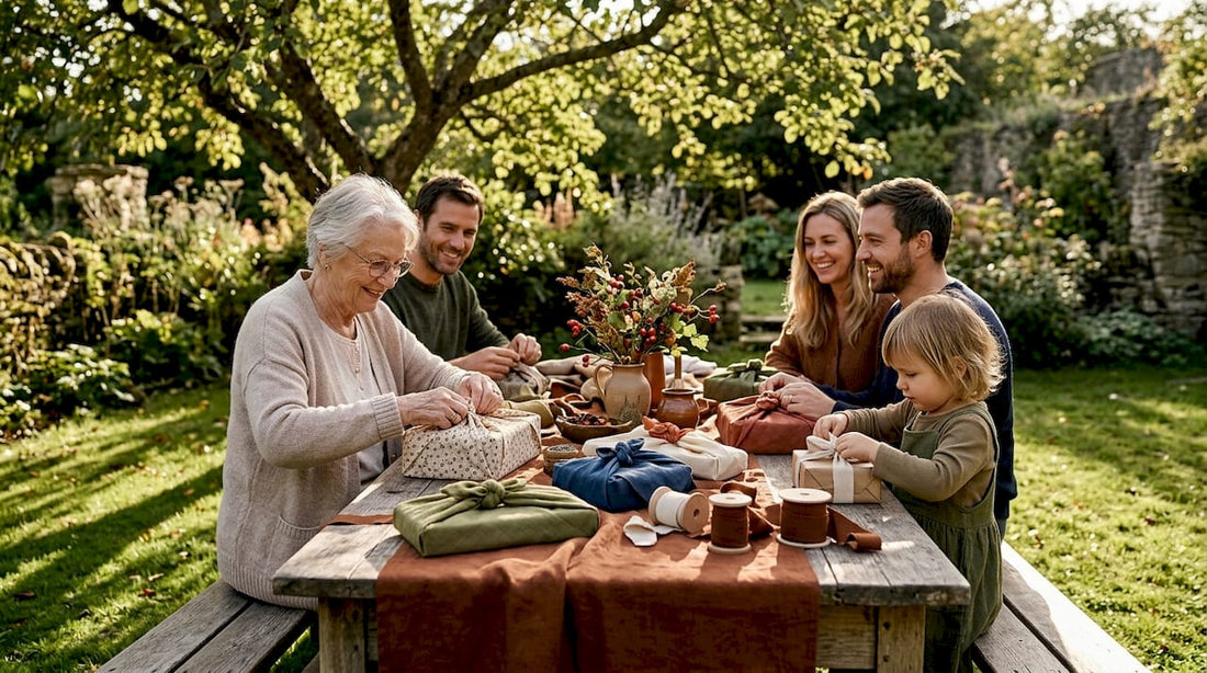 Family wrapping reusable gifts together at home