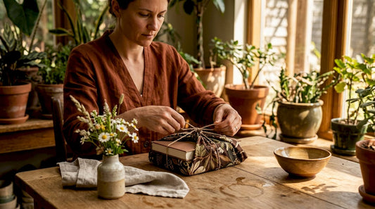 Woman wrapping book in patterned cotton furoshiki