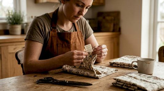 Woman folding fabric gift wrap in kitchen