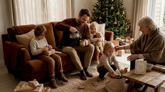 Family unwrapping Christmas gifts in living room