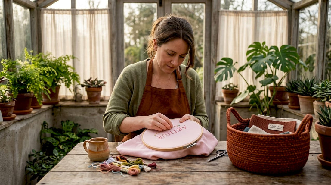 Woman embroidering baby blanket at craft table