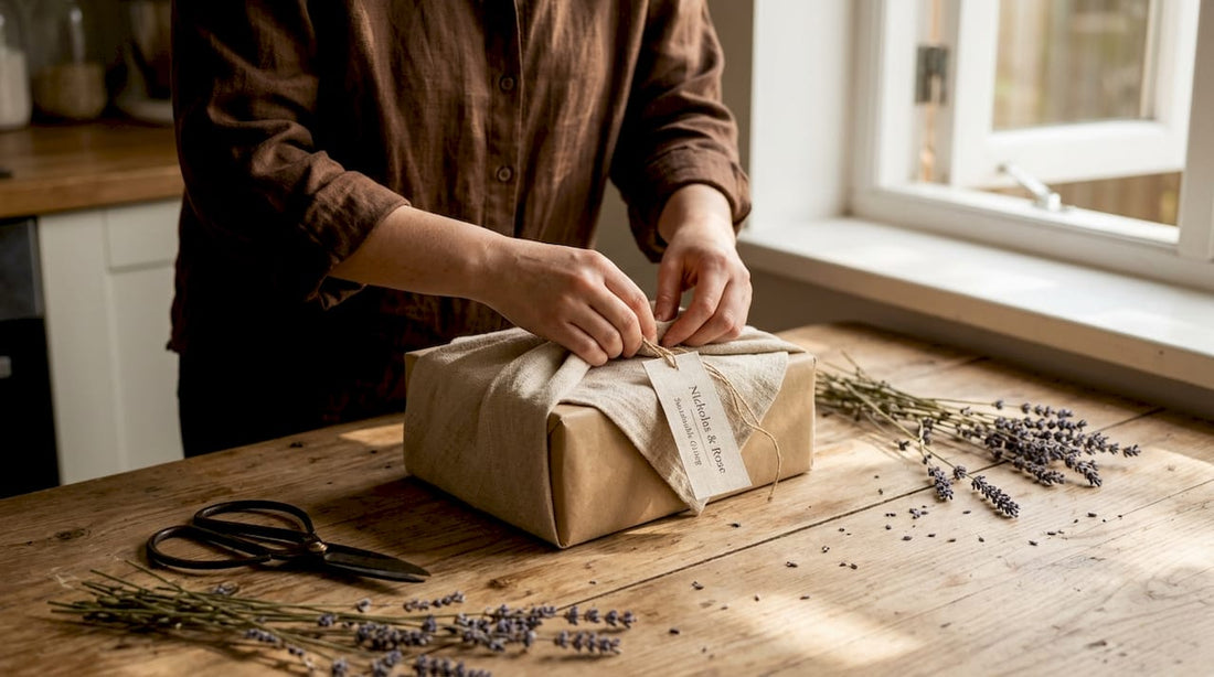 Hands wrapping gift with natural fibre fabric