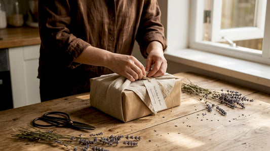 Hands wrapping gift with natural fibre fabric