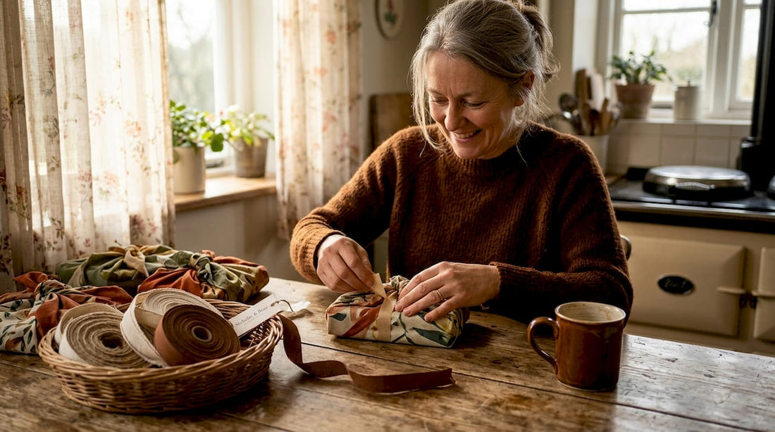 Woman carefully unwrapping gift at table