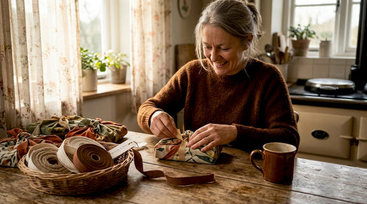 Woman carefully unwrapping gift at table