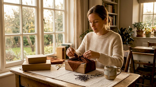 Person wrapping gift in reusable fabric wrap