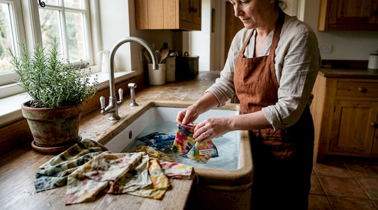 Hands washing fabric wraps in kitchen sink
