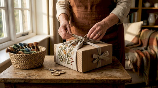 Hands tying embroidered gift wrap on wooden table