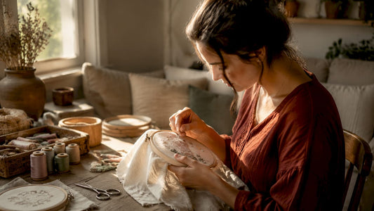 Hands embroidering baby fabric wrap